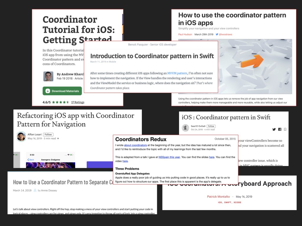 A collage of different tutorials covering the Coordinator pattern