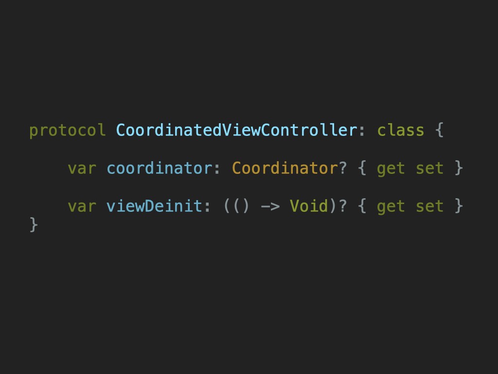 Code: Shows my ViewController protocol with just two variables - the owning coordinator and a denit closure 