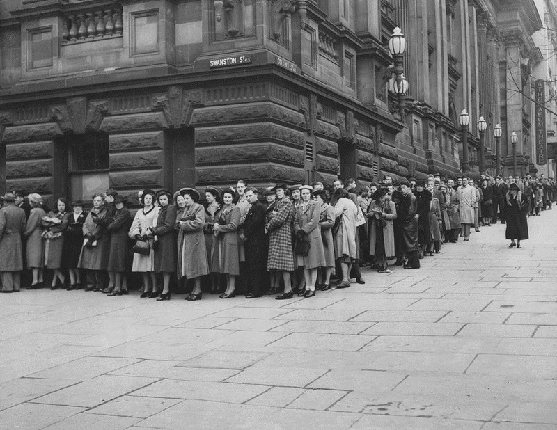 Queue of people, black and white photo